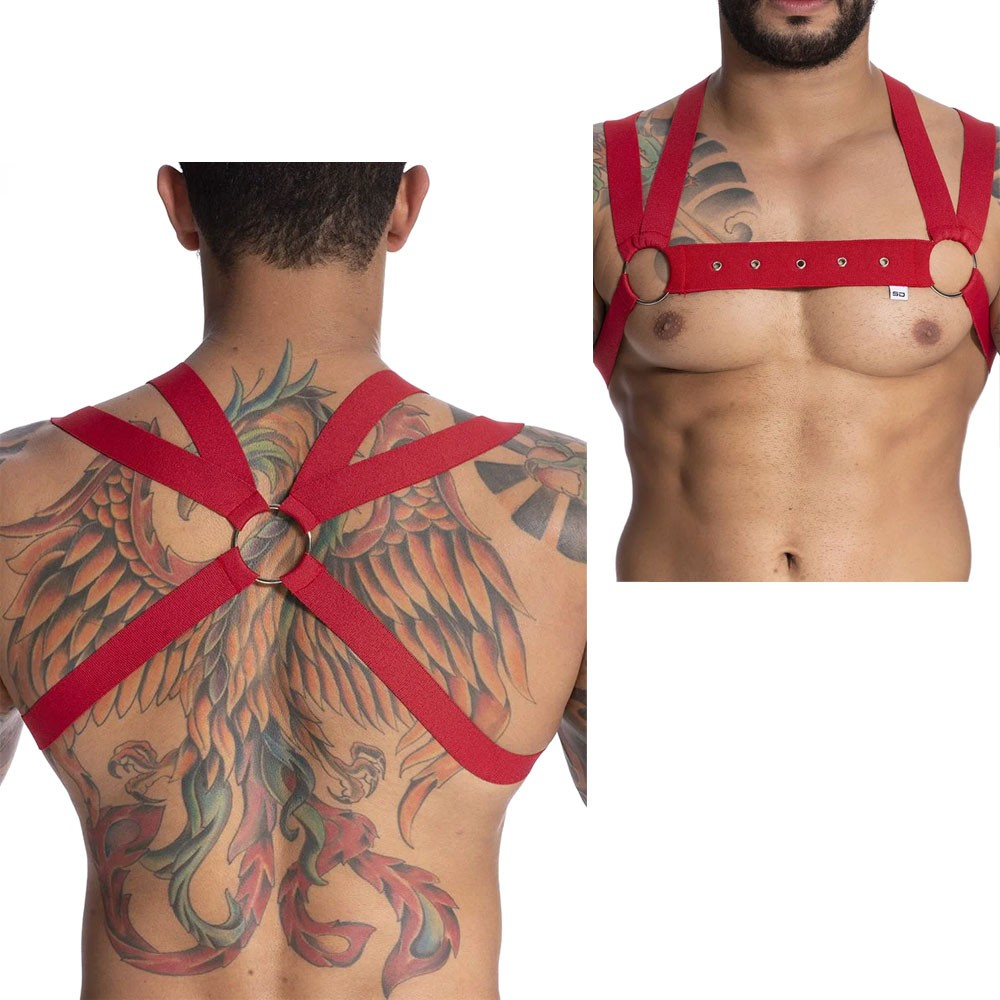 Harness Arreio Masculino em El�stico com Argola e Ilh�s Entrela�ado Vermelho | Foto 02 Ilustrativa
