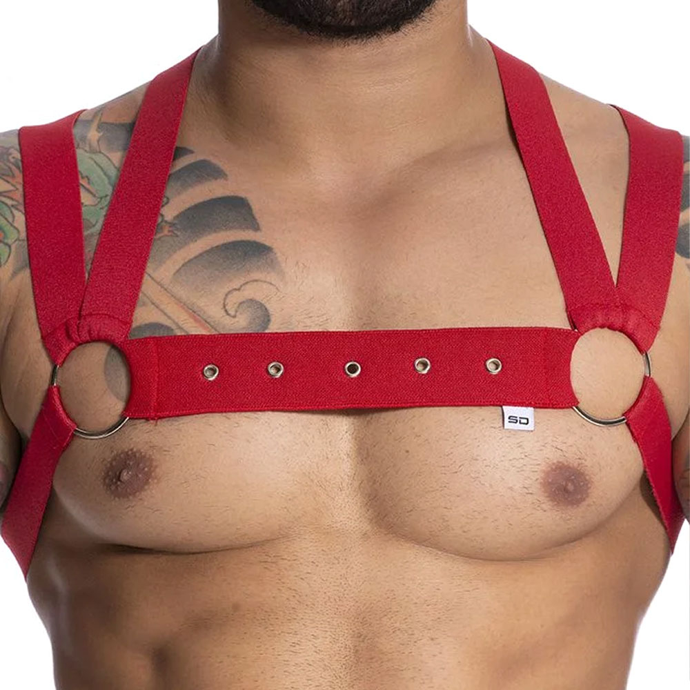 Harness Arreio Masculino em El�stico com Argola e Ilh�s Entrela�ado Vermelho | Foto 03