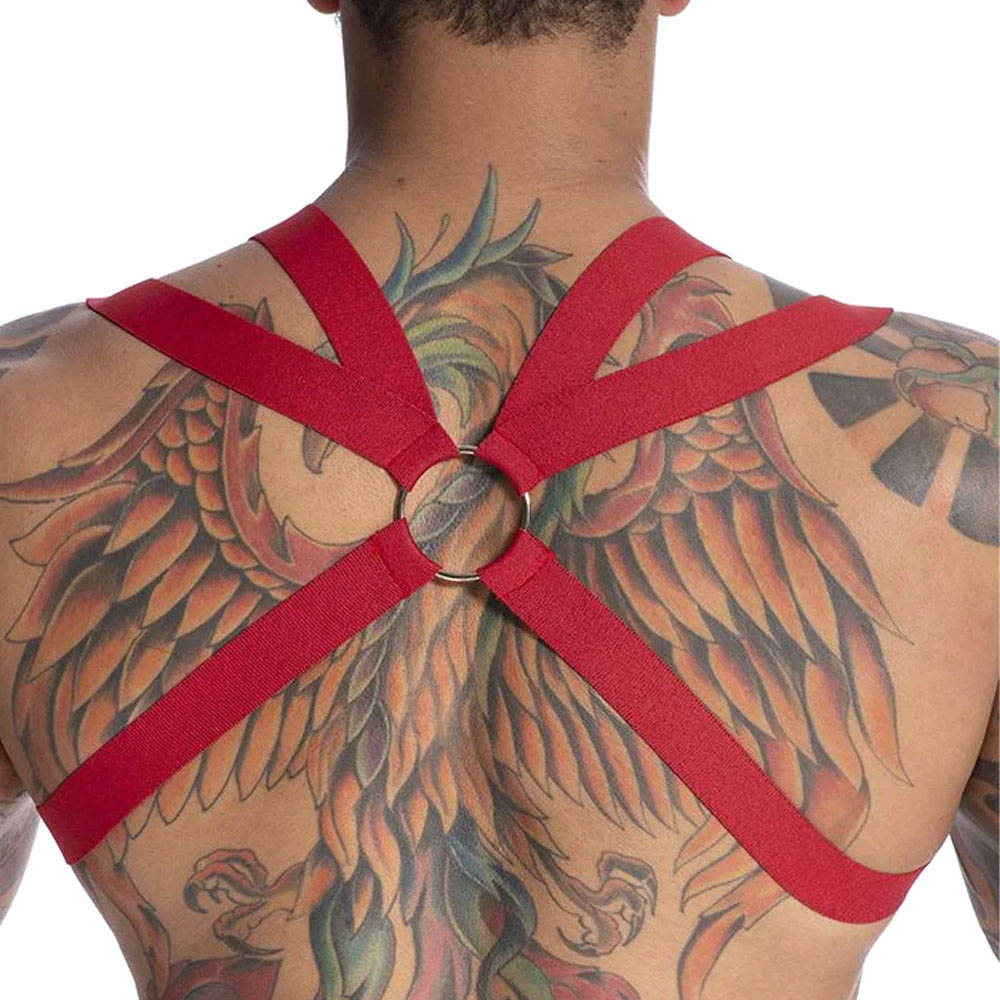 Harness Arreio Masculino em El�stico com Argola e Ilh�s Entrela�ado Vermelho | Foto 04