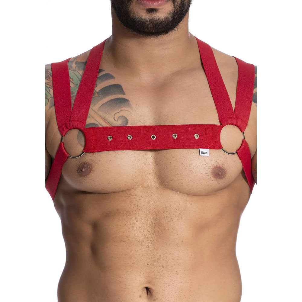 Harness Arreio Masculino em El�stico com Argola e Ilh�s Entrela�ado Vermelho | Foto 05