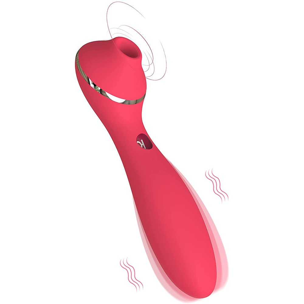 Ilustra��o do Vibrador e Sugador Polly Plus Vermelho em funcionamento, com ondas de vibra��o e suc��o indicadas