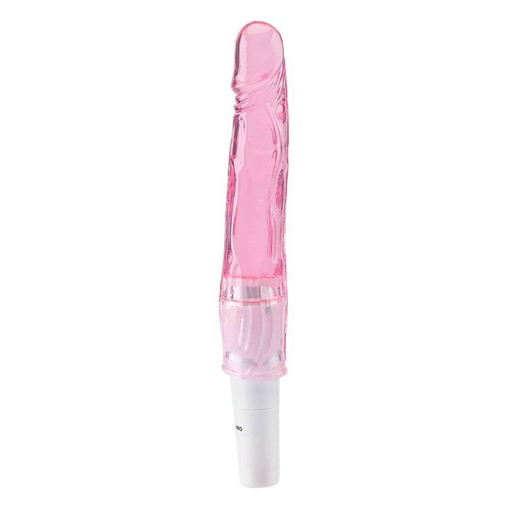Vibrador Feminino em Jelly com Vibrador Rosa | Vista lateral do vibrador desligado, evidenciando o design e a cor rosa transl�cida.