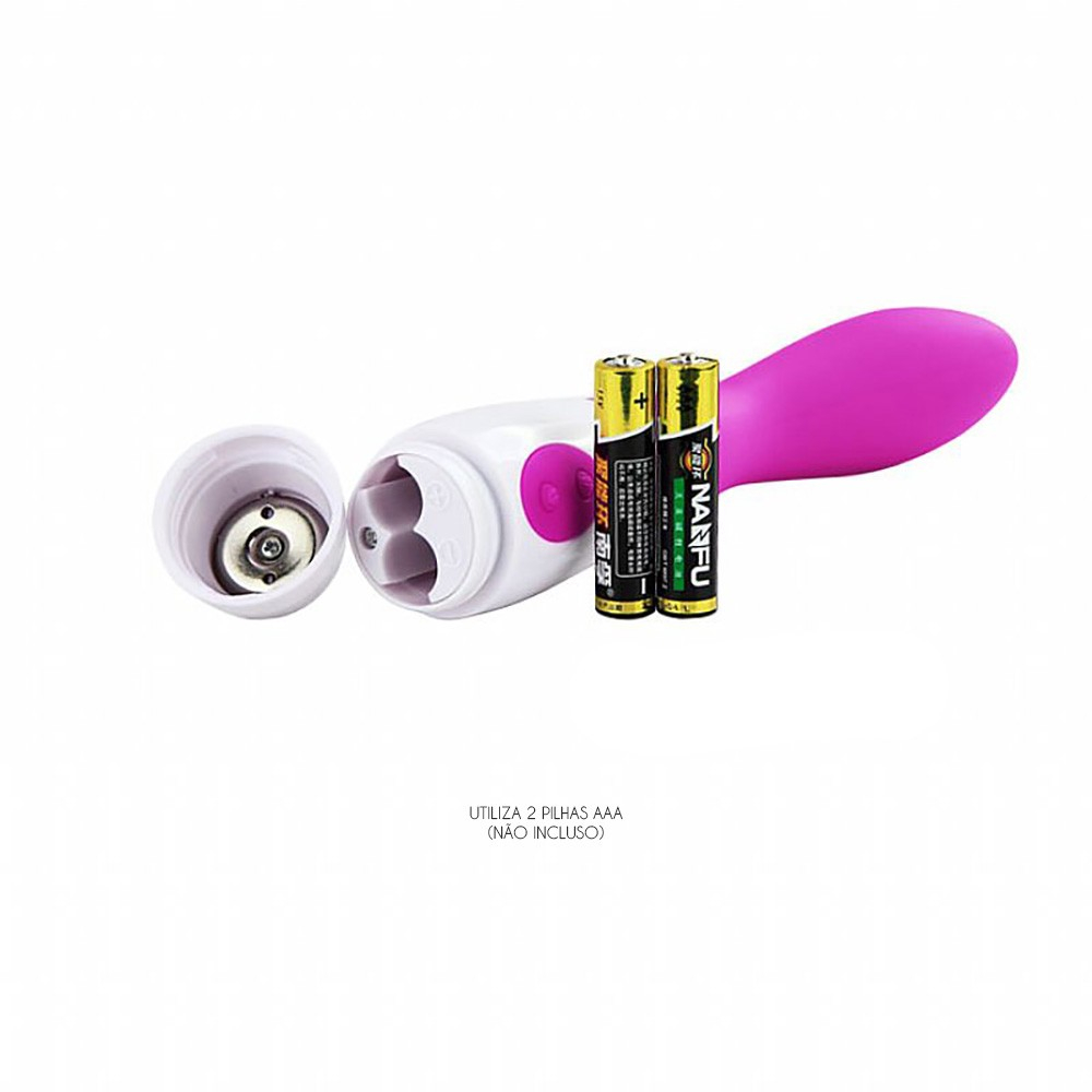 Detalhe do compartimento de pilhas do Vibrador Ponto G Bishop Roxo, com duas pilhas AAA e indica��o de uso.