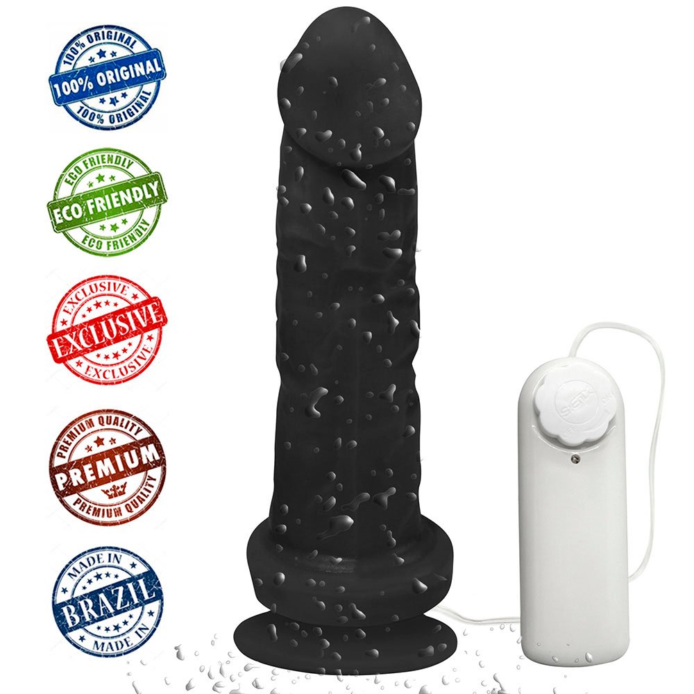 Base do P�nis de Borracha Martes com Vibrador e Ventosa 19 x 4,5cm Preto destacando a ventosa para fixa��o, estrutura firme e o controle com fio do produto.