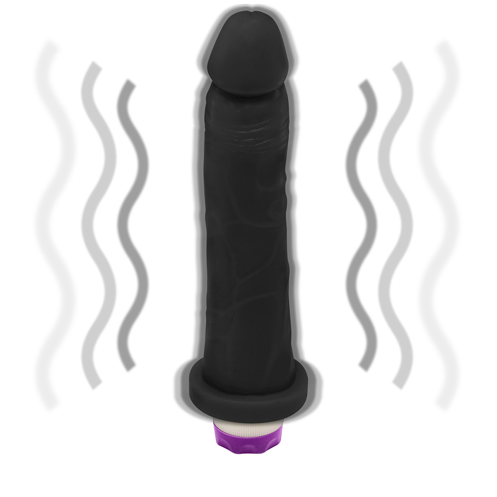 P�nis de Borracha Jueves com Vibrador 19 x 4,5cm Preto em composi��o completa destacando tamanho, propor��o e design do acess�rio �ntimo em cor preta
