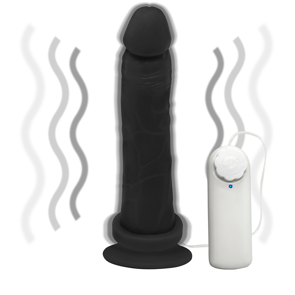 P�nis de Borracha Jueves em vista completa, exibindo o dildo preto com vibrador e ventosa e o controlador
