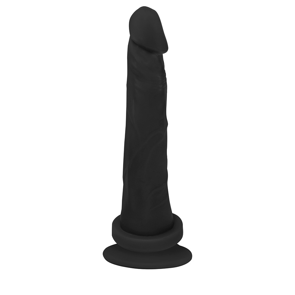 Vista lateral do P�nis de Borracha Jueves com Ventosa 19 x 4,5cm Preto evidenciando espessura, curvatura e propor��o, cor preta