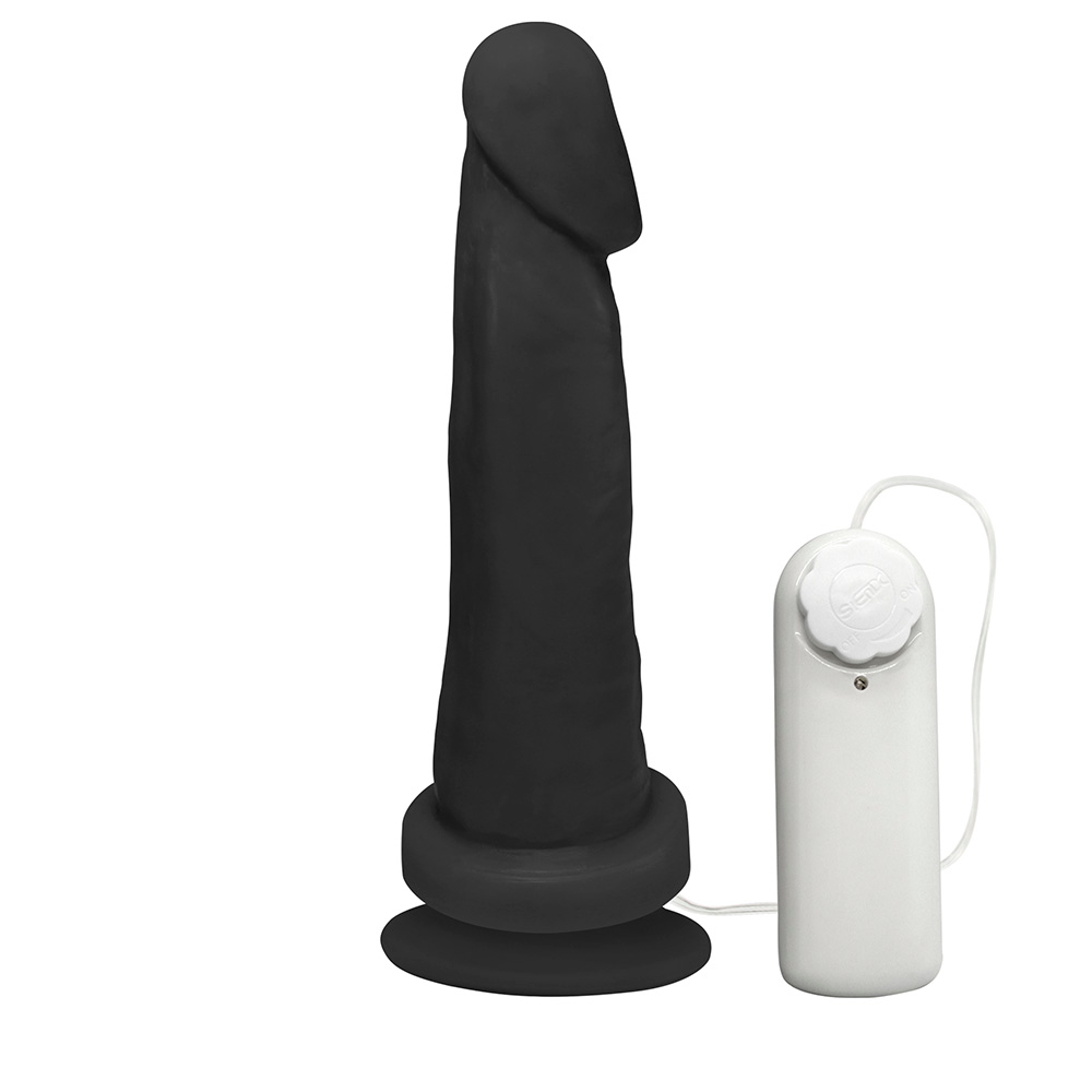 Vista lateral do P�nis de Borracha Viernes, mostrando a ventosa na base para fixa��o e o vibrador anexo.