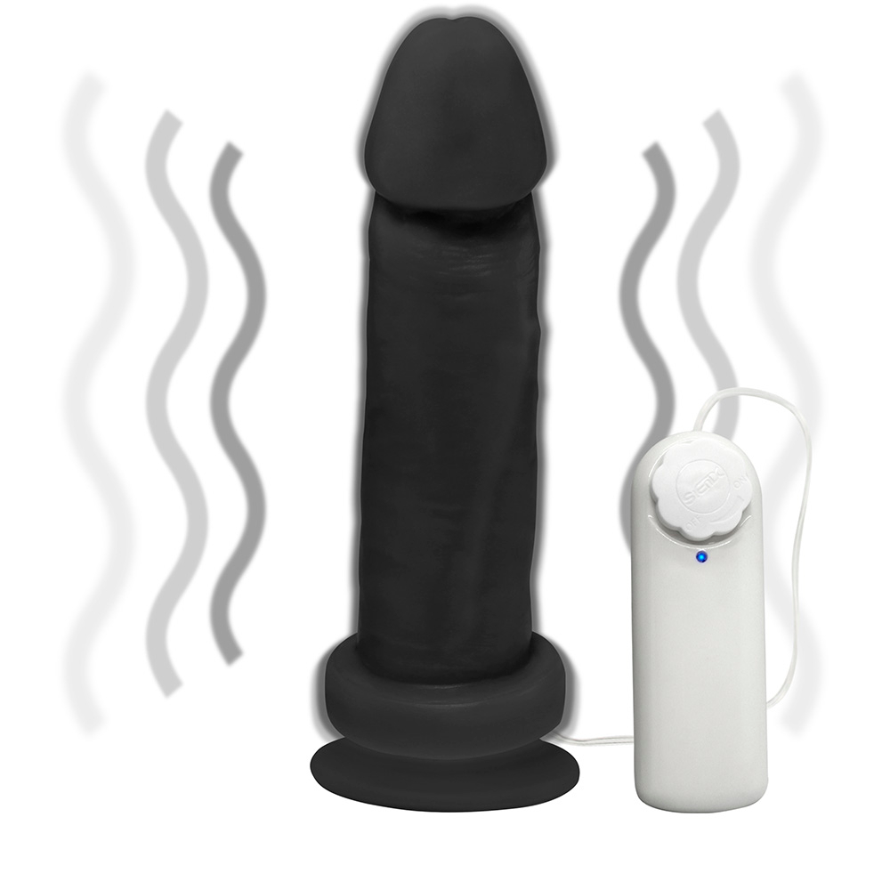 Vis�o geral do P�nis de Borracha Viernes com vibrador e ventosa em seu conjunto completo, na cor preta.