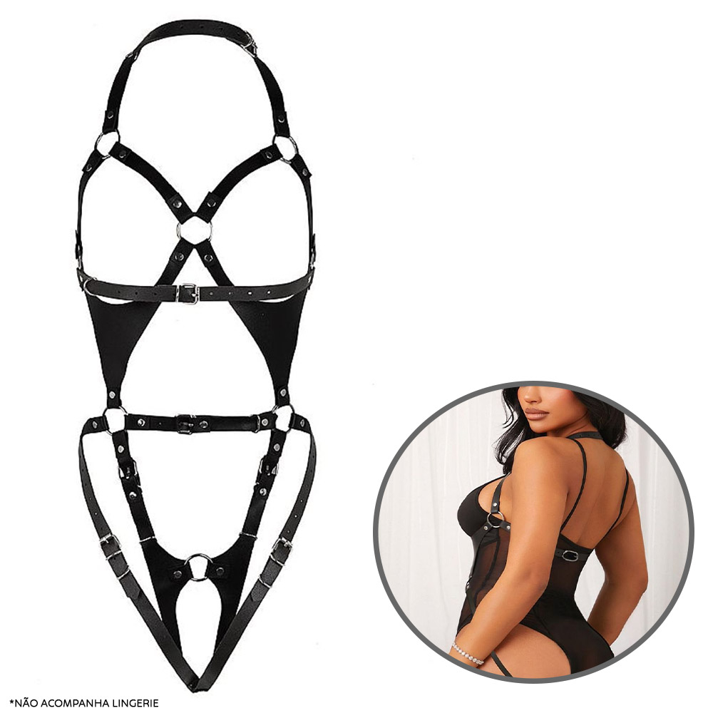 Body Fetichista em PU com Fivelas Ajust�veis preto - detalhe das costas e caimento no corpo