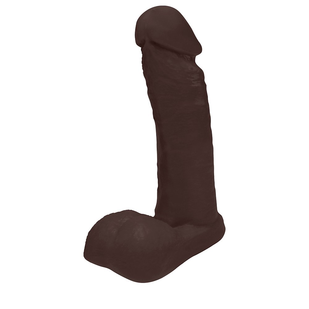 P�nis Dildo de Borracha Realista com Escroto ARES 13 a 15 cm Marrom, vista diagonal superior destacando a textura