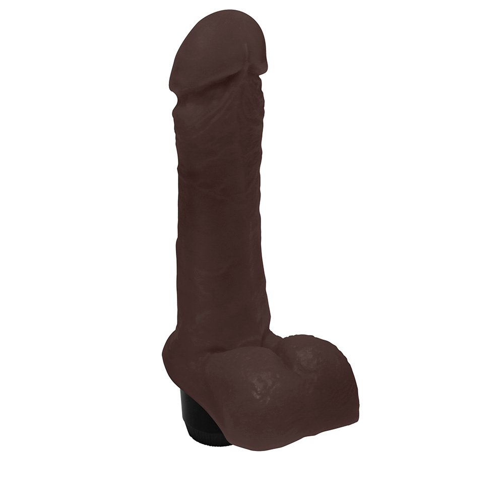 P�nis com Escroto e Vibro Ares 15 x 4cm Marrom em vista lateral detalhada da glande com acabamento anat�mico e apar�ncia natural