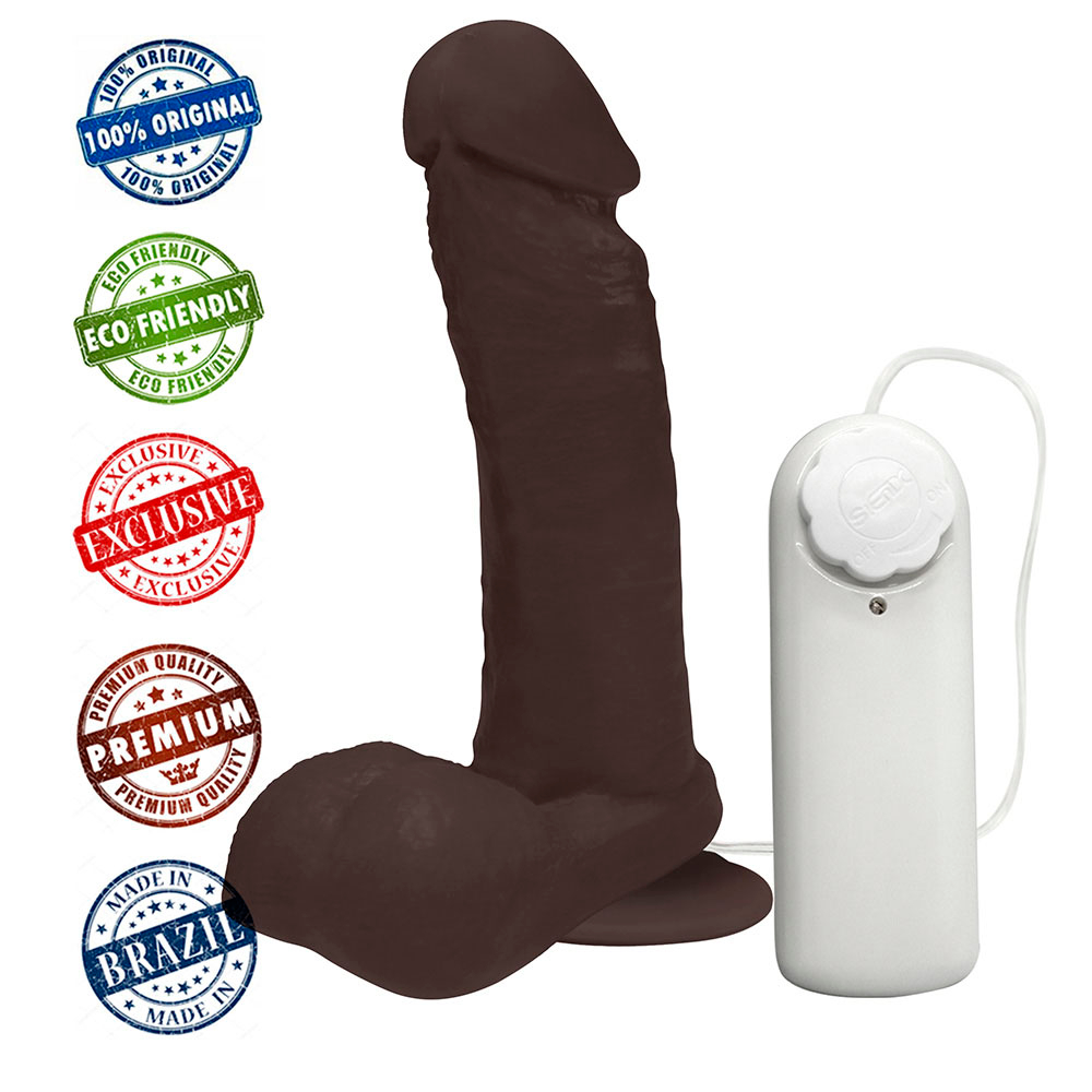 P�nis de Borracha Ares com Escroto, Vibrador e Ventosa 15 x 4cm, Marrom | Vista superior do p�nis de borracha marrom, vibrador e ventosa.