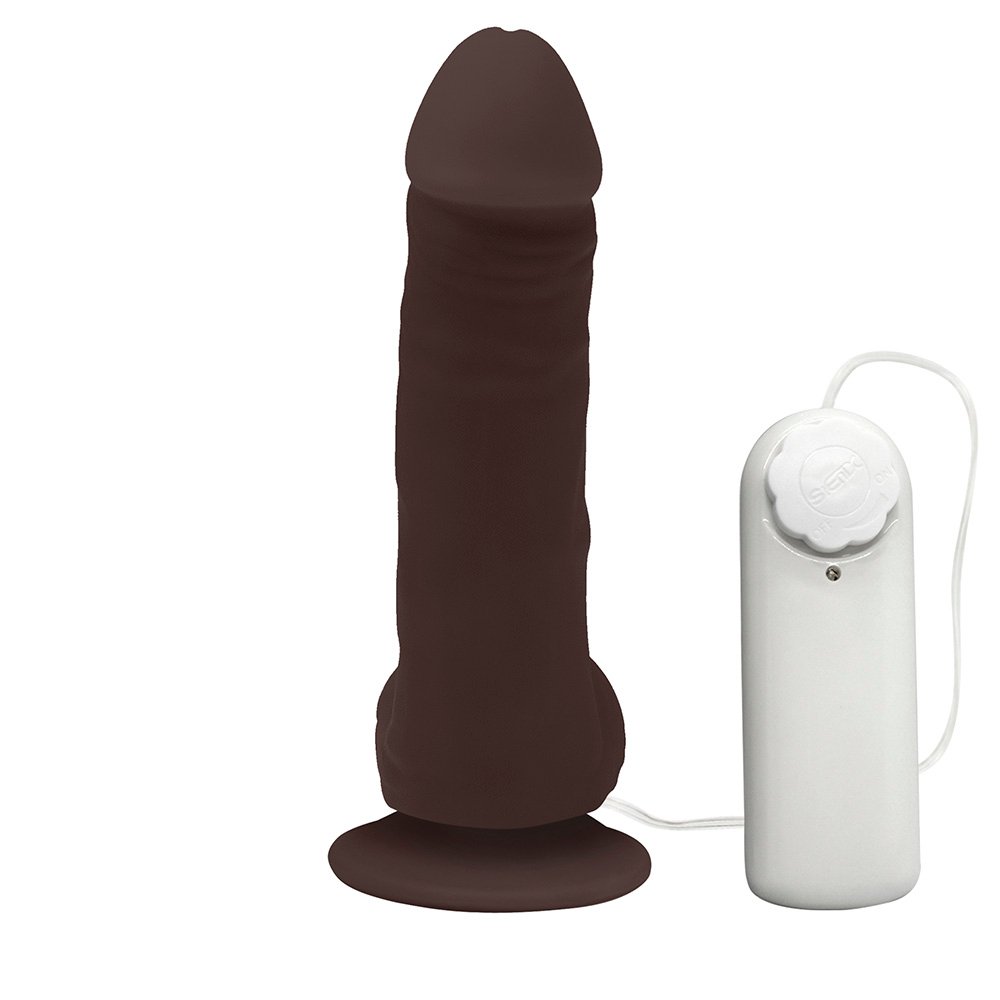 Detalhe da glande e textura do P�nis de Borracha Hefesto com Escroto, Vibrador e Ventosa 17 x 4cm Marrom
