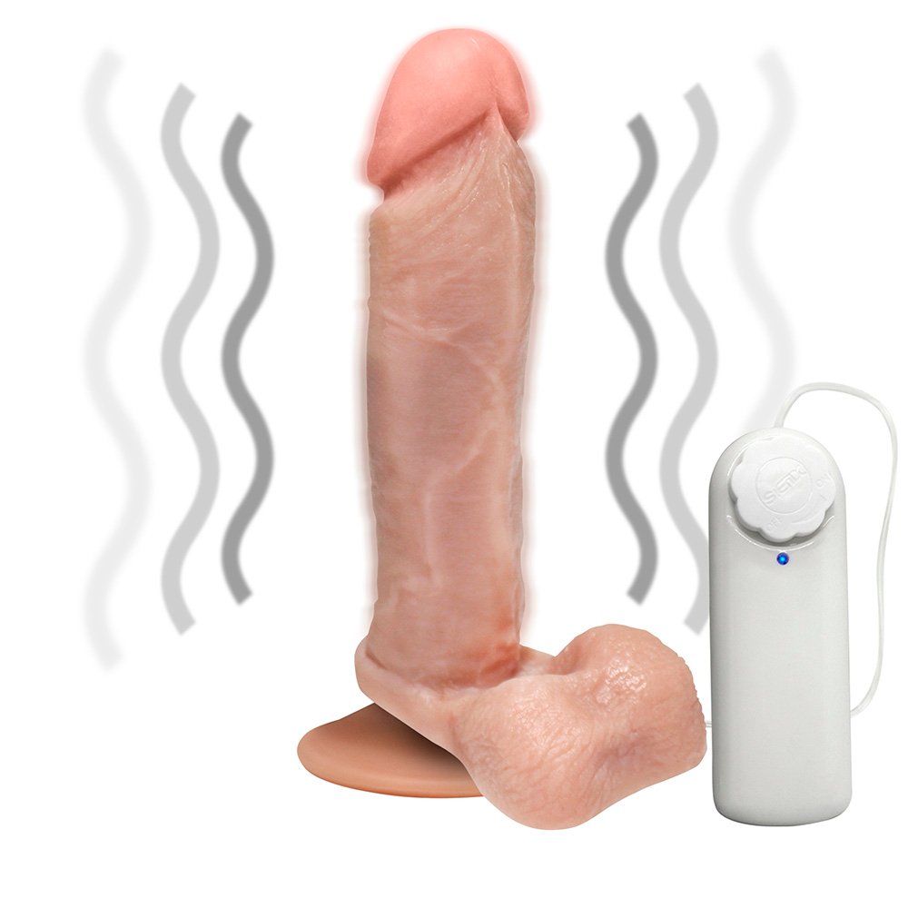 P�nis de Borracha Dion�sio com Escroto, vibrador e ventosa em v�rias perspectivas, mostrando a flexibilidade e cor bege