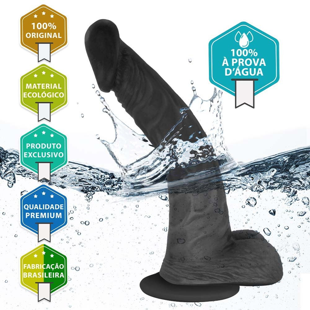 Detalhe do escroto e da base com ventosa do P�nis de Borracha Poseidon, preto