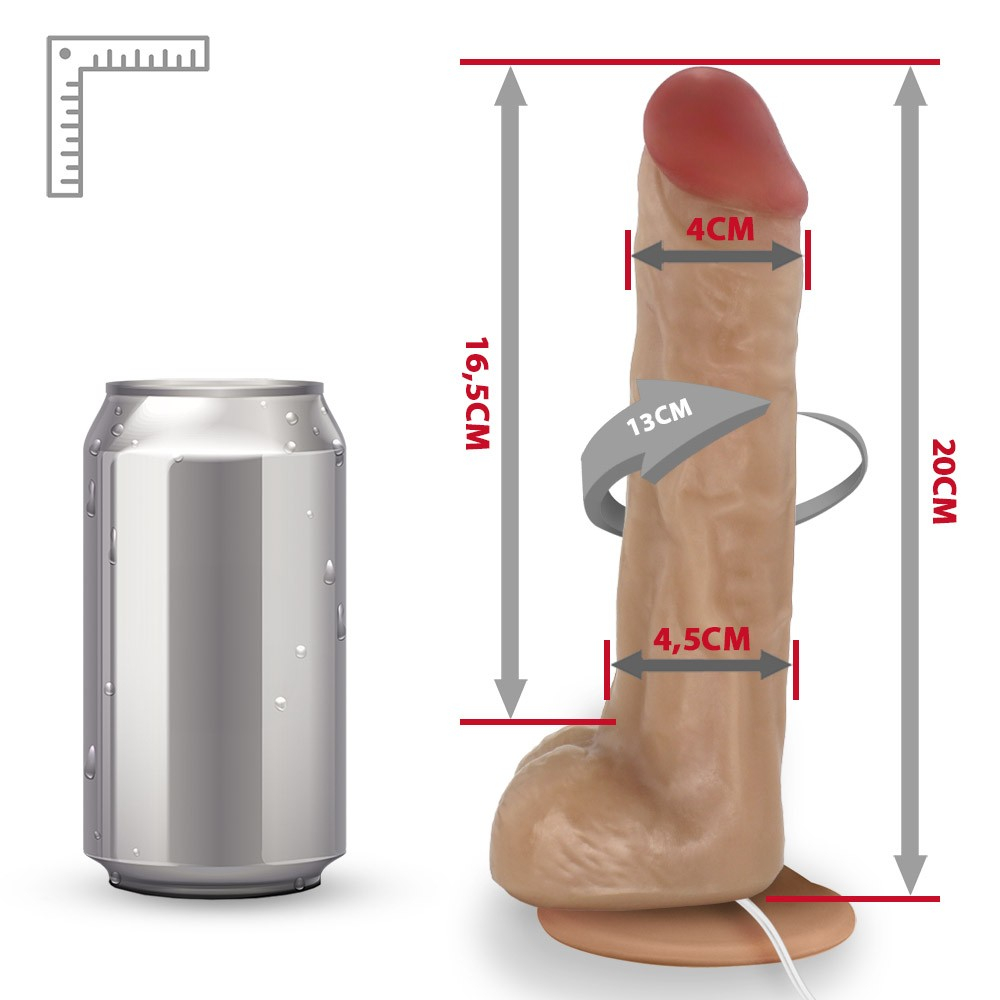 P�nis de Borracha Eros com escroto, vibrador e ventosa em posi��o de uso, ressaltando o escroto e o vibrador
