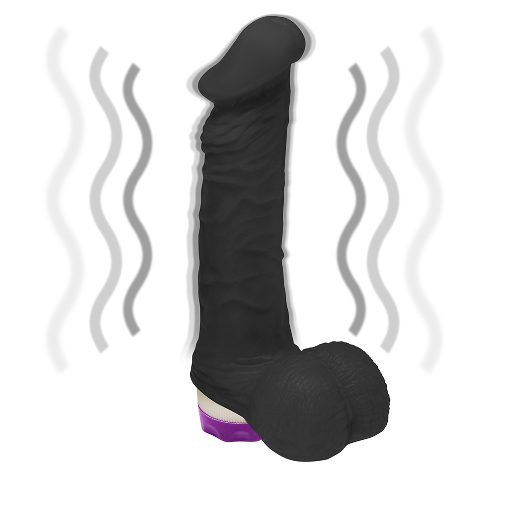 P�nis de Borracha Zeus com Escroto e Vibrador 20,5 x 4,5cm Preto | Imagem completa do p�nis de borracha, destacando seu comprimento de 20,5 cm