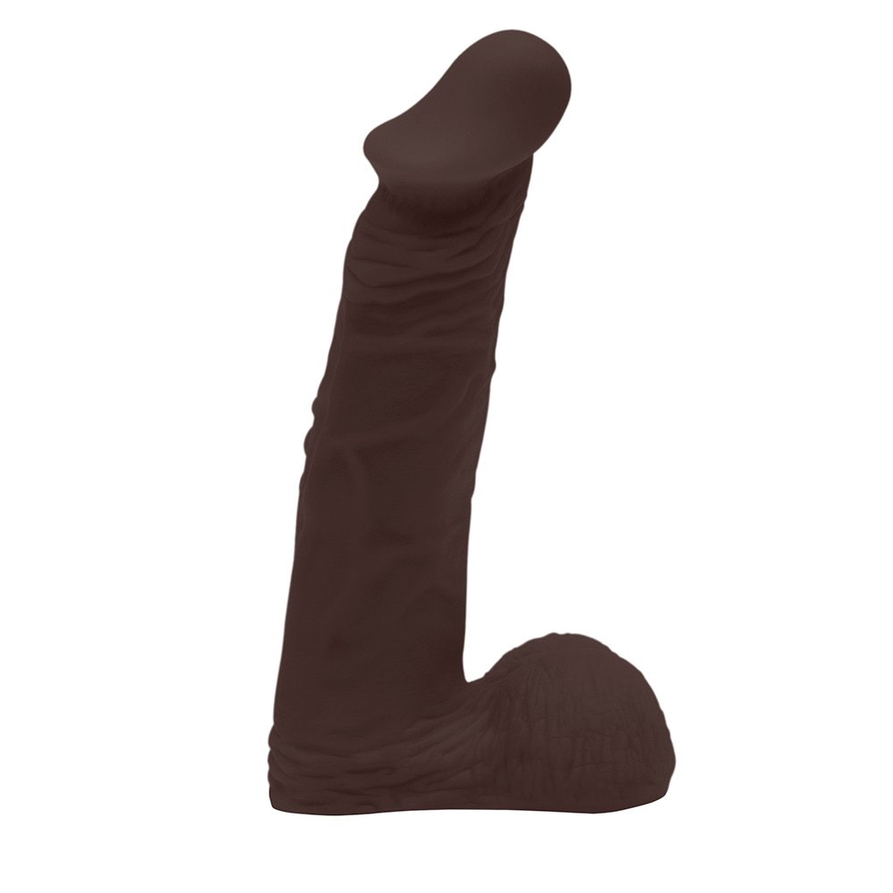 Vista lateral do P�nis de Borracha Zeus com Escroto, com foco no escroto e na curvatura do dildo.