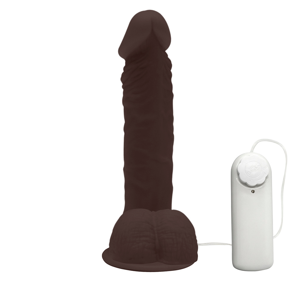 P�nis de Borracha Zeus com Escroto, Vibrador e Ventosa, 20 x 4,5cm Marrom, vista com a ventosa fixada