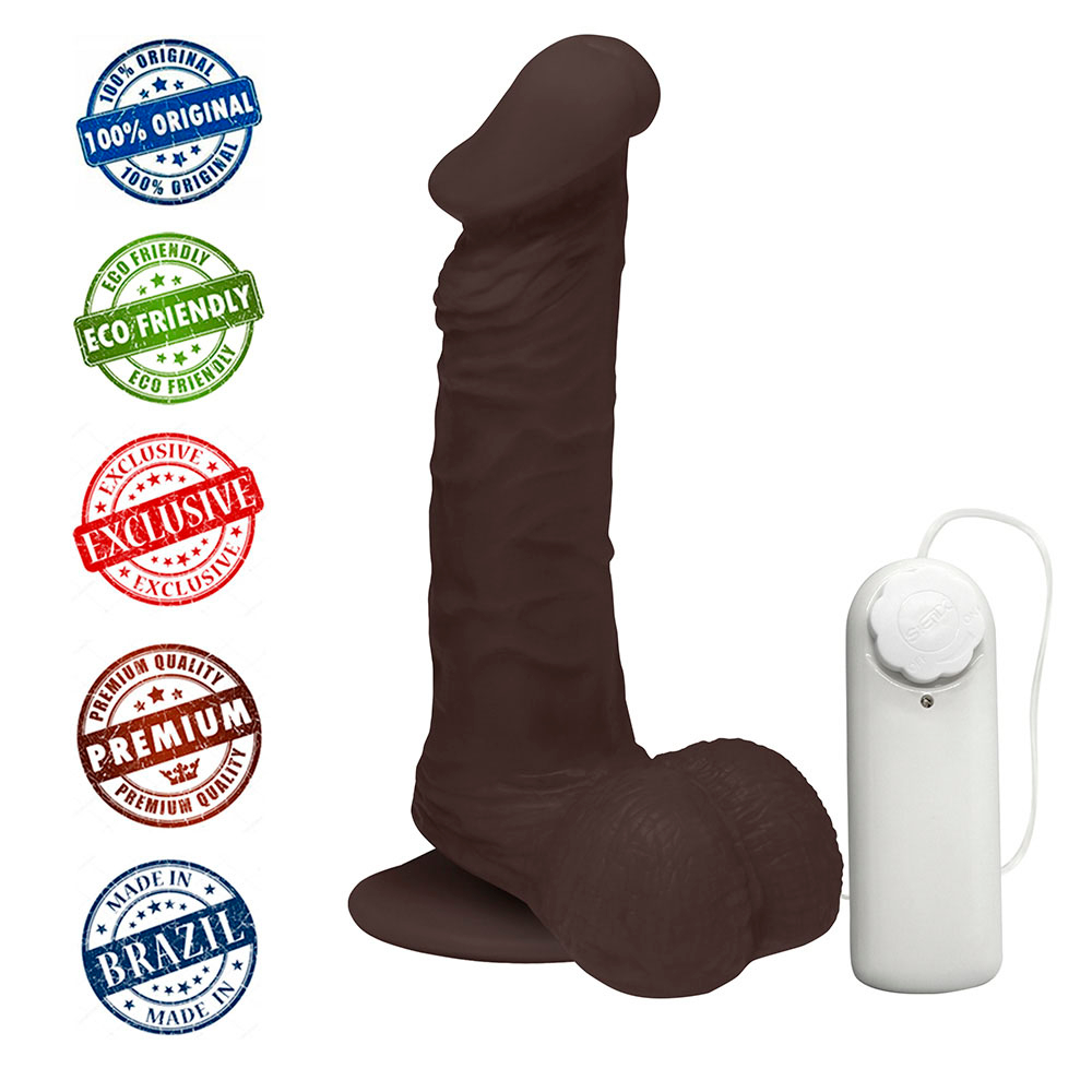 P�nis de Borracha Zeus com Escroto, Vibrador e Ventosa, 20 x 4,5cm Marrom, detalhes do controle com fio