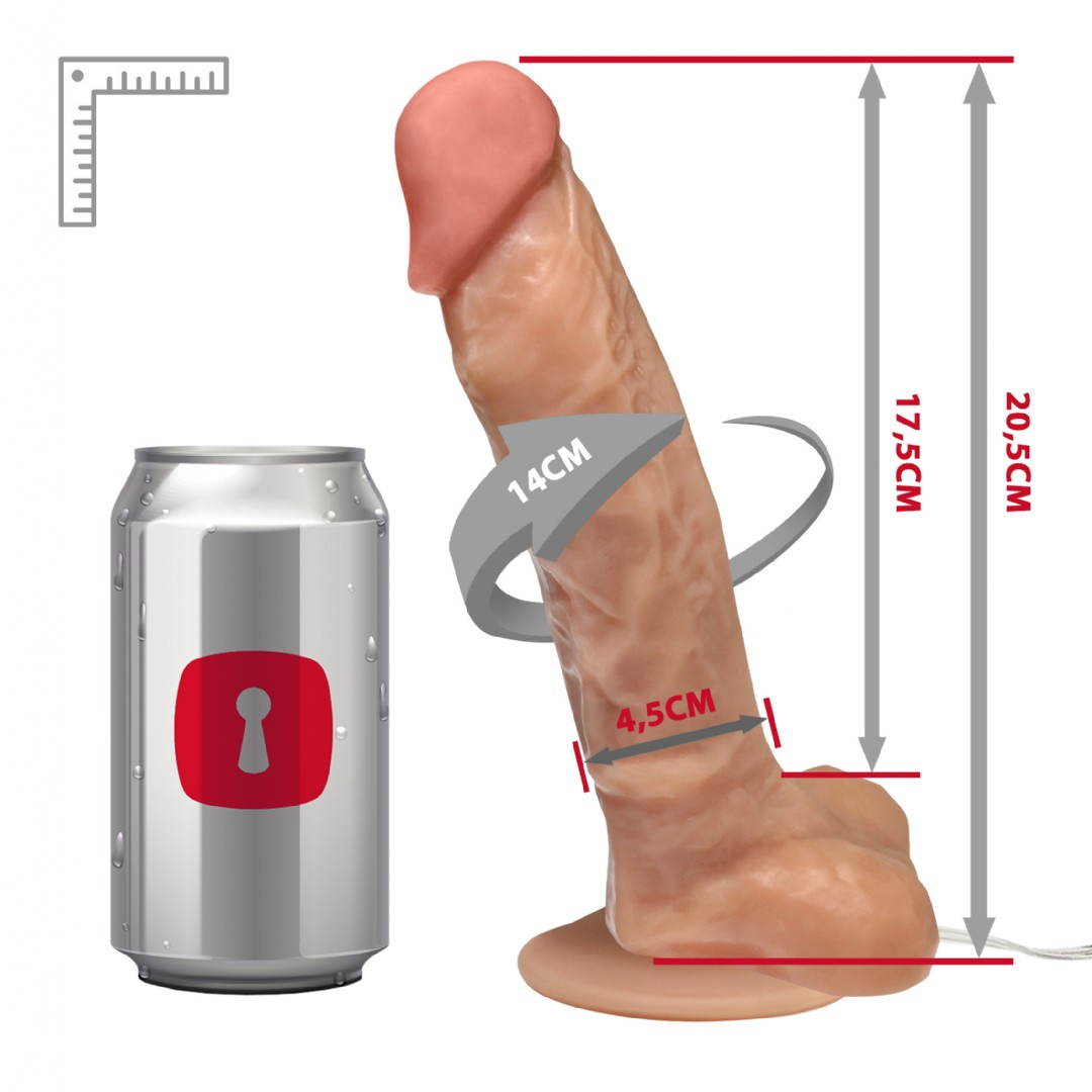 P�nis de Borracha Apolo, imagem de corpo inteiro destacando todos os elementos: dildo, escroto, ventosa e controle do vibrador.