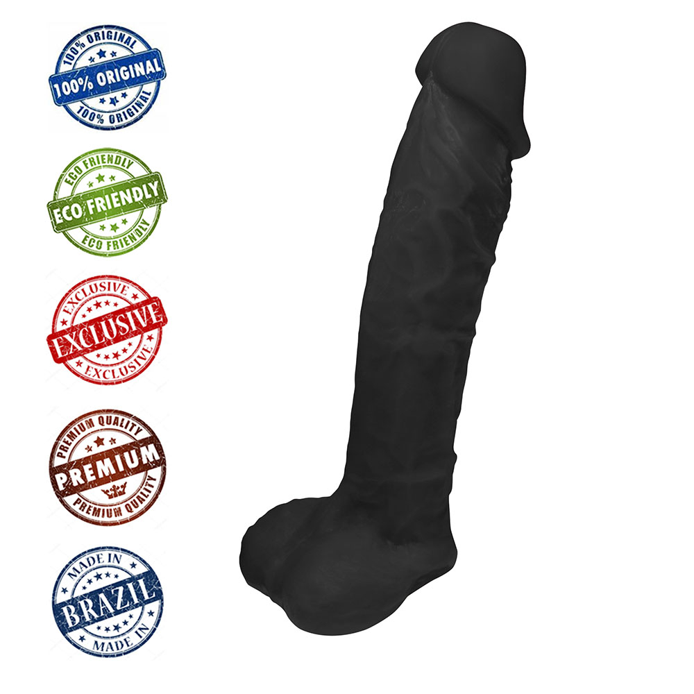 P�nis de Borracha Apolo com Escroto Preto, vista lateral detalhada