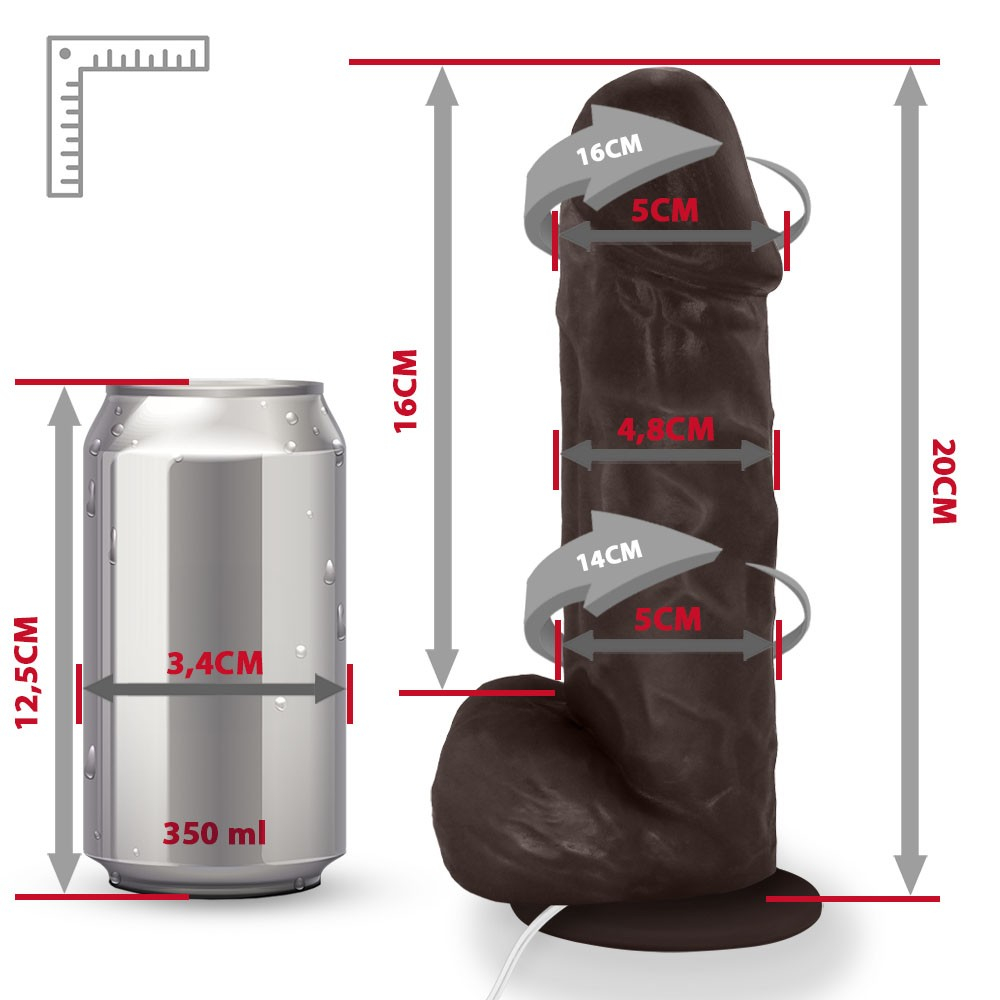 P�nis de Borracha Crono com Escroto, Vibrador e Ventosa 20 x 5cm Marrom | Foto 06 - Vista superior do dildo de borracha com controle e cabo conectados, destacando o corpo liso e o escroto.