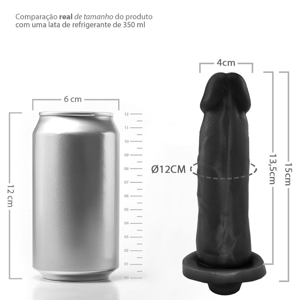 P�nis de Borracha Mimo com Vibrador 13,5 x 4cm Preto em vista geral com base e topo