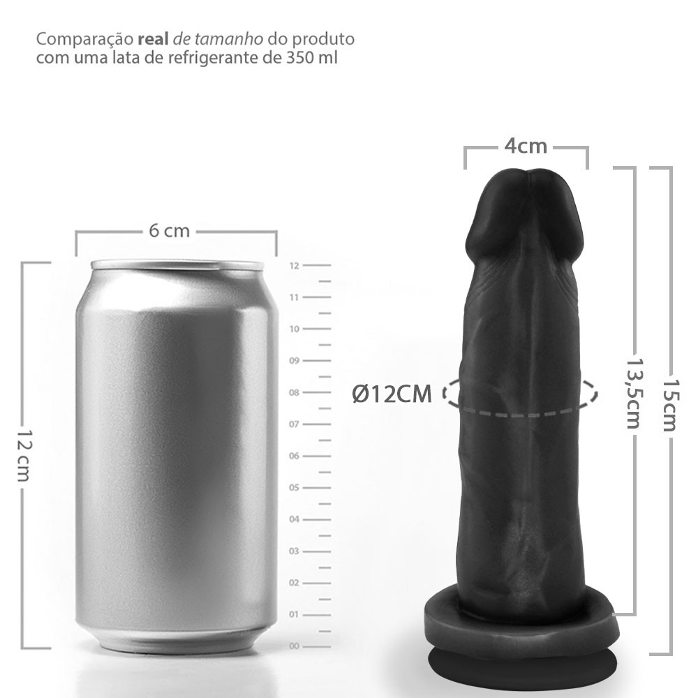 P�nis de Borracha Mimo com Ventosa 13,5 x 4cm Preto, em uma composi��o detalhada de perfil