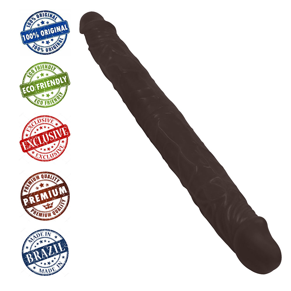 P�nis de Borracha Havaiano Ponta Dupla - Vista lateral do produto curvado, macio e flex�vel, com textura detalhada e cor marrom uniforme