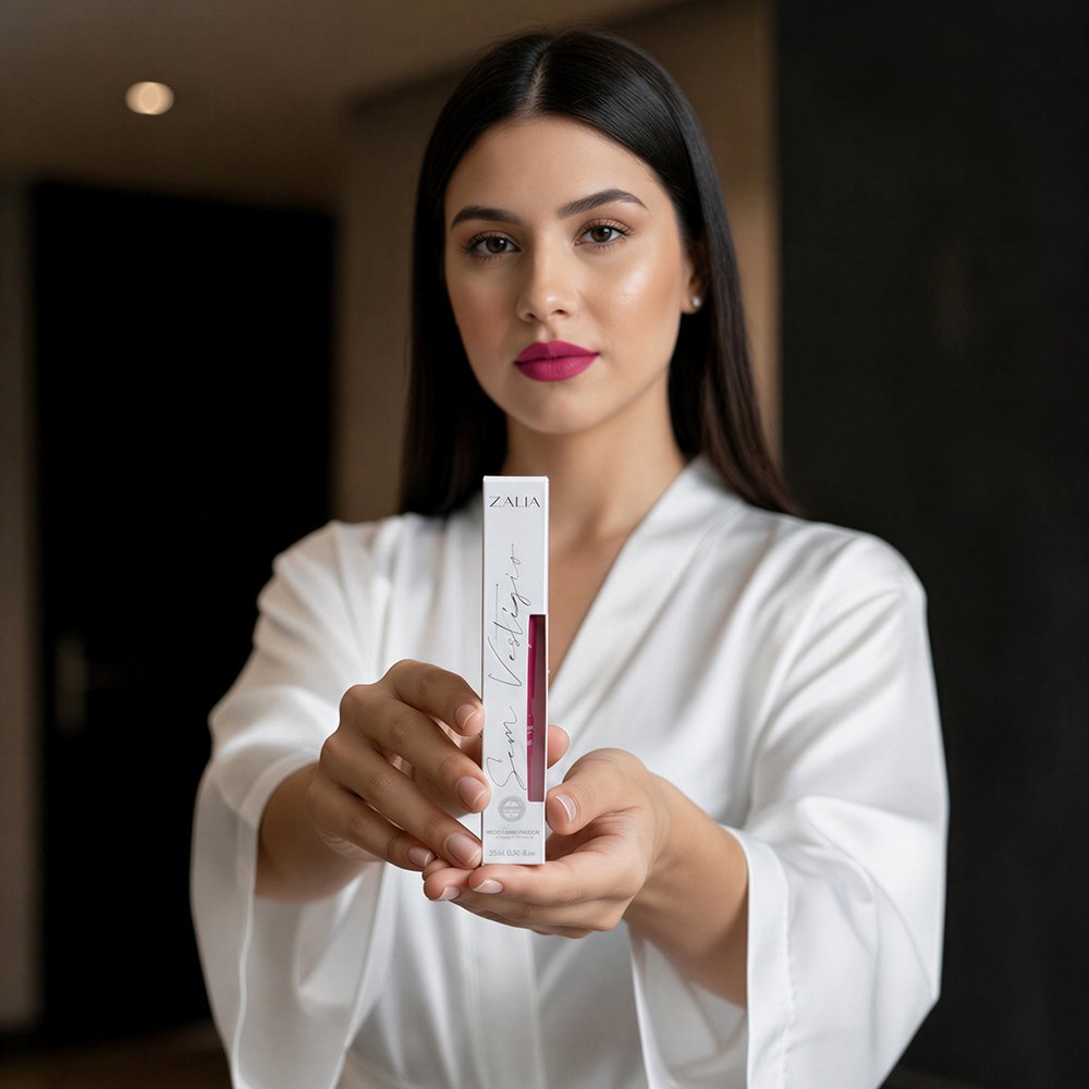 Modelo apresentando o Gloss Labial Zalia Sem Vest�gio Rosa e sua caixa, com a cor nos l�bios