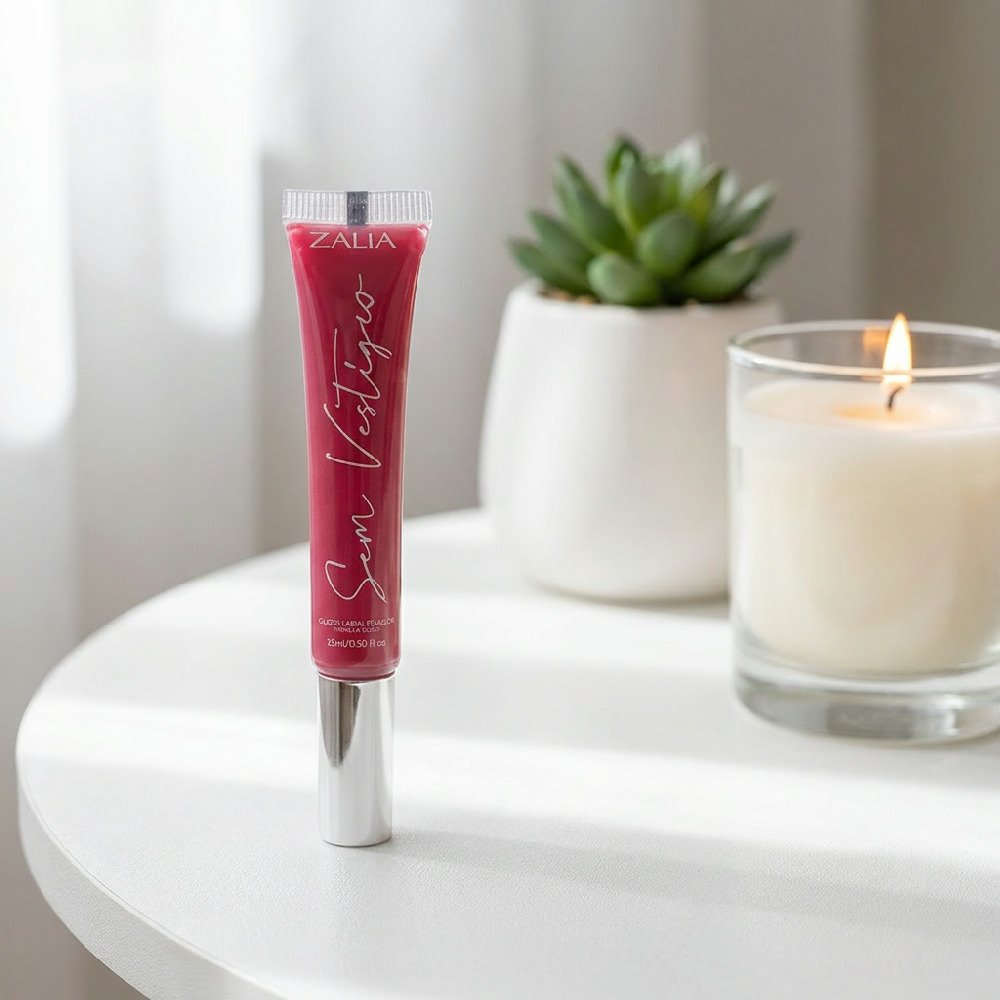 Gloss Labial Zalia Sem Vest�gio Rosa em um ambiente decorado com plantas e velas, indicando momento de cuidado