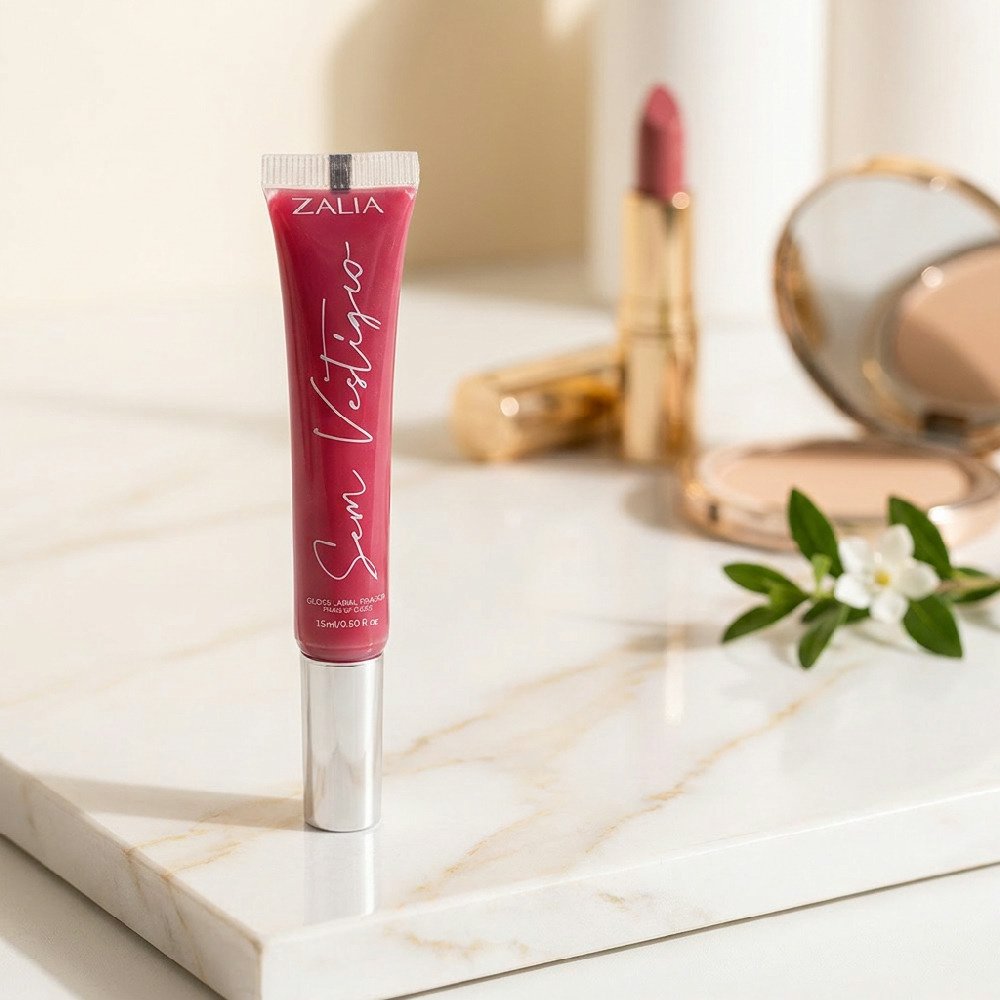 Vista ampliada da embalagem do Gloss Labial Zalia Sem Vest�gio Rosa, detalhes da marca e composi��o no r�tulo
