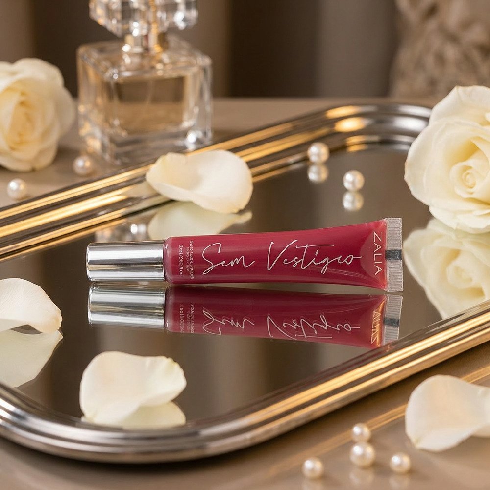 Tubo do Gloss Labial Zalia Sem Vest�gio Rosa em um fundo cinza, mostrando o produto em sua totalidade
