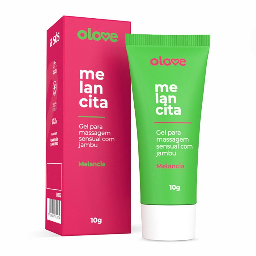 Gel excitante Melancita da OLove Cosm�tico, embalagem e tubo, destacando o sabor melancia e o efeito vibrador