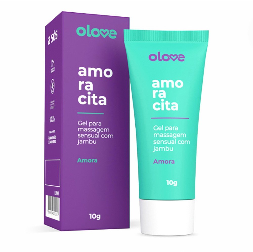 Gel Vibrador L�quido Beij�vel Amoracita sabor Amora Intensa 10ml em sua embalagem roxa, com a frente do produto exposta em detalhes.