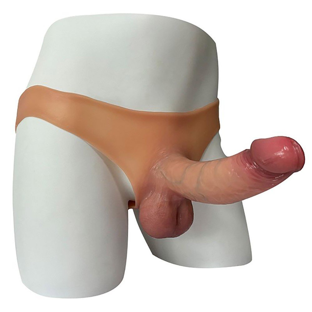 Capa Peniana de Cyberskin com extensor interno e cinta bege - forma de uso