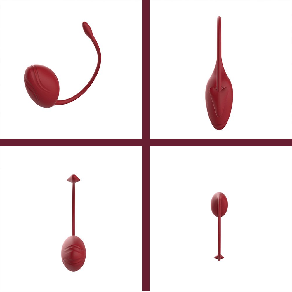 Quatro vistas do vibrador de casal em silicone vermelho, mostrando o design ergon�mico e macio