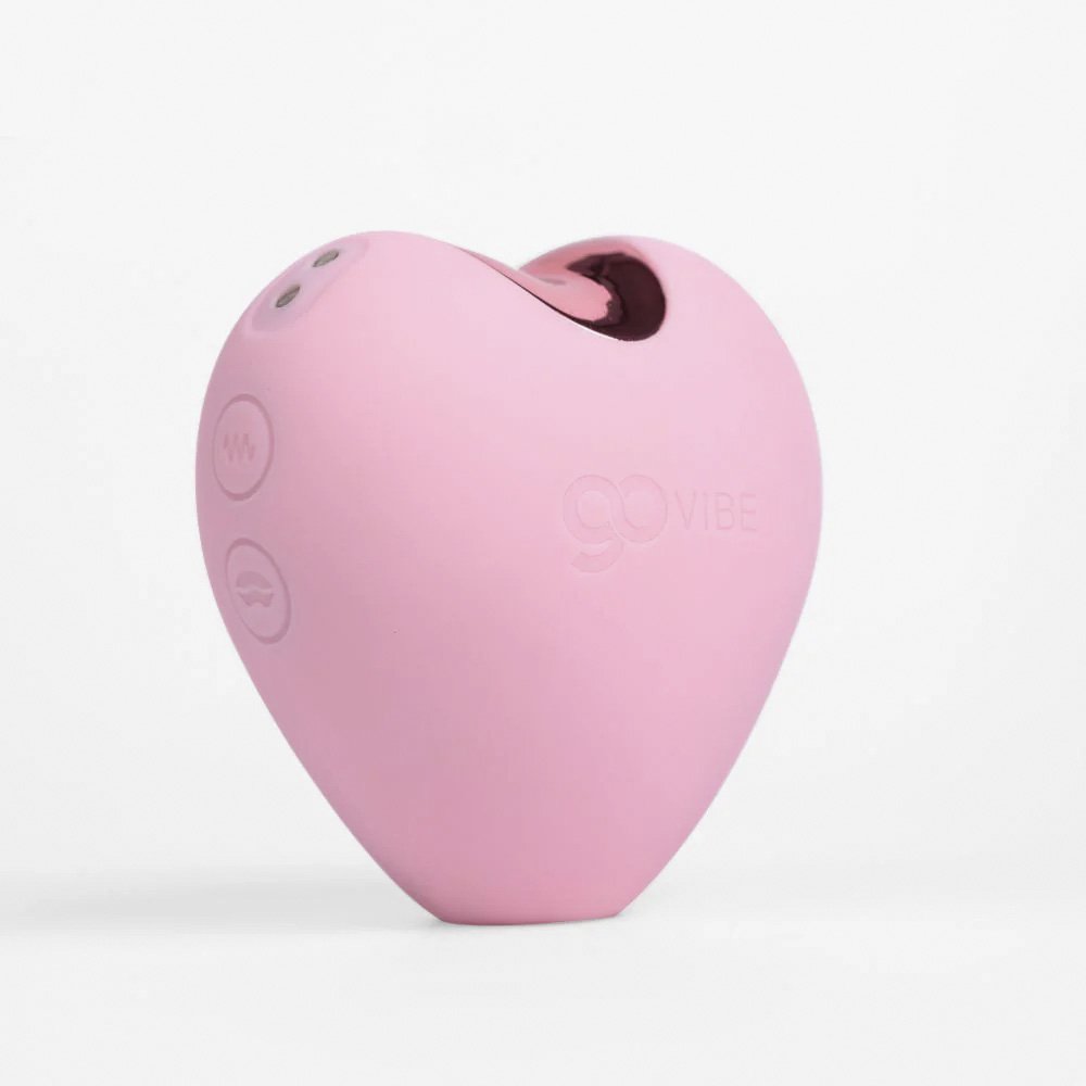 Vibrador para Clit�ris Love Rosa, vista frontal com os bot�es de controle e o logo GOVibe