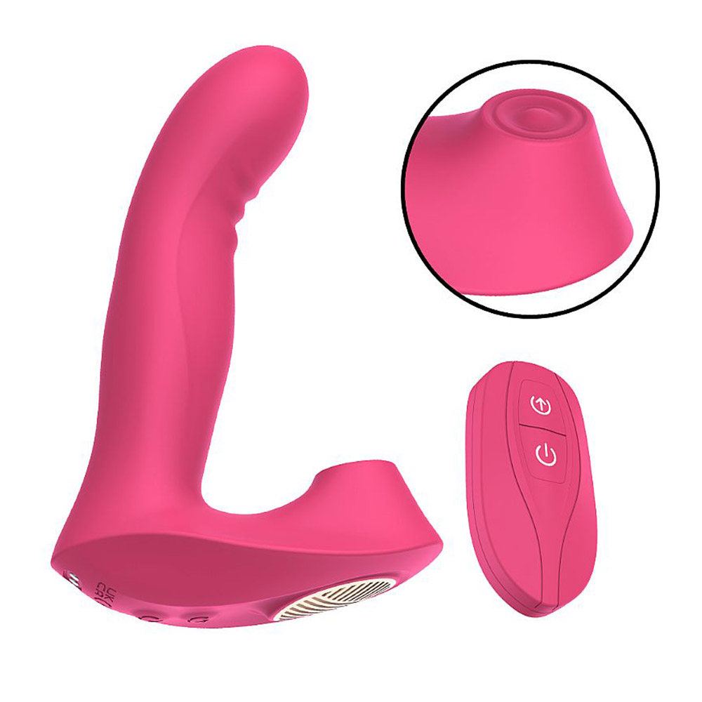 Pulsador de Clit�ris e Vibrador Ponto G Recarreg�vel em Silicone 10 Vibra��es e Controle Novia Pink, visto por baixo, mostrando a porta de carregamento e o orif�cio de estimula��o clitoriana, junto ao controle remoto.