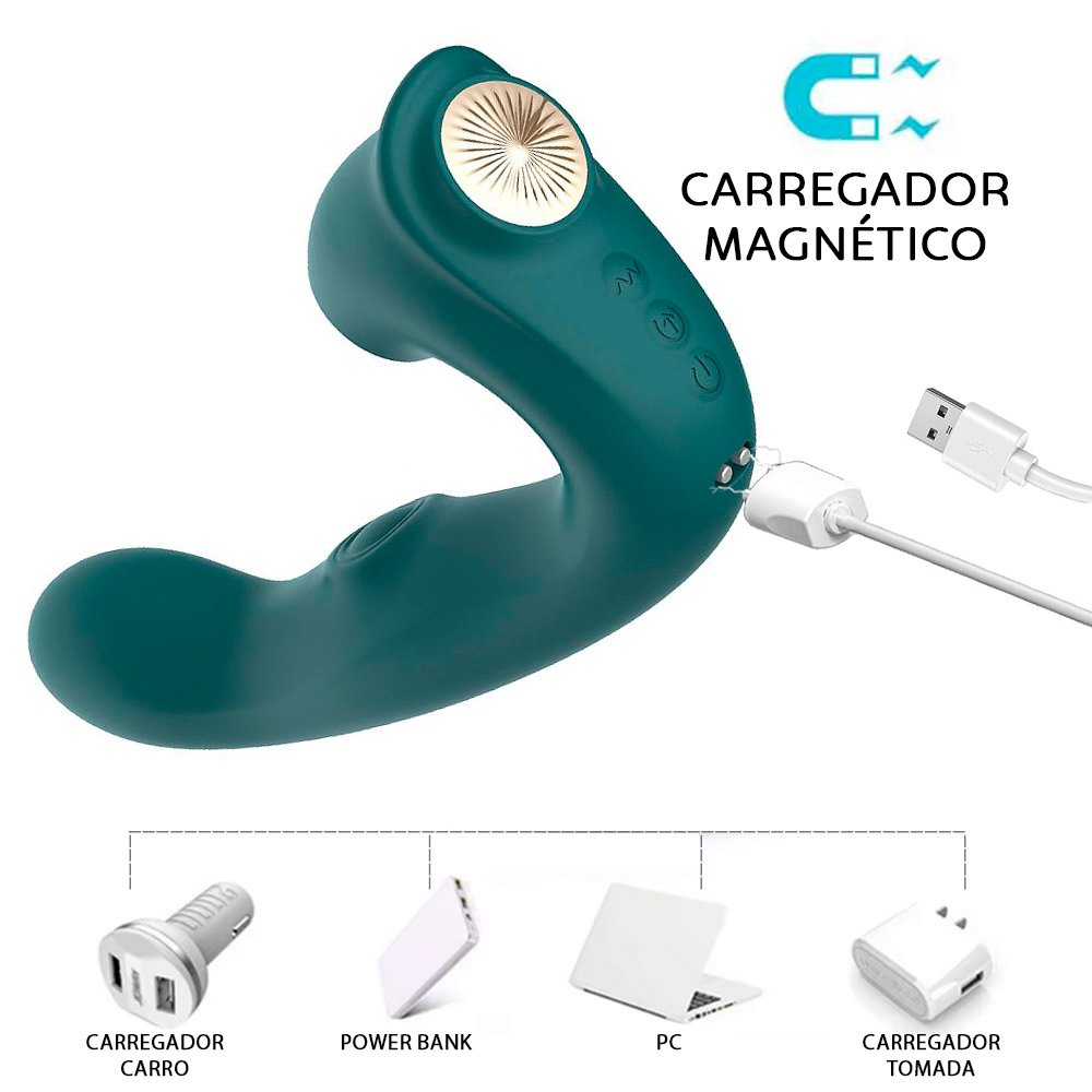 Vibrador Duplo Recarreg�vel Dale Verde em vista lateral, exibindo seu formato curvado.