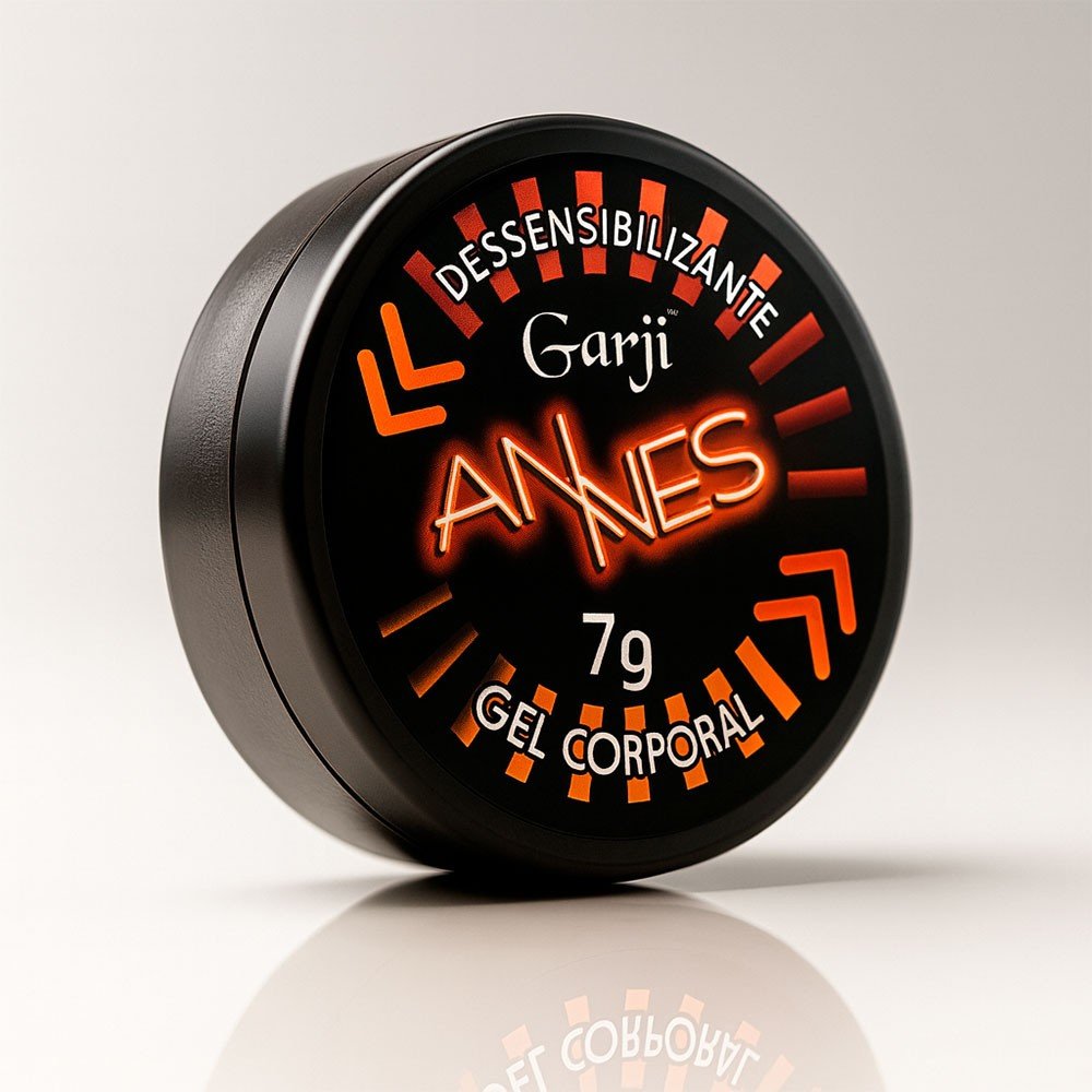 Gel para Sexo Anal Annes 7g - Vis�o da embalagem do frasco de gel, mostrando o detalhe do produto e 'Garji ANNES GML CORPORAL'.