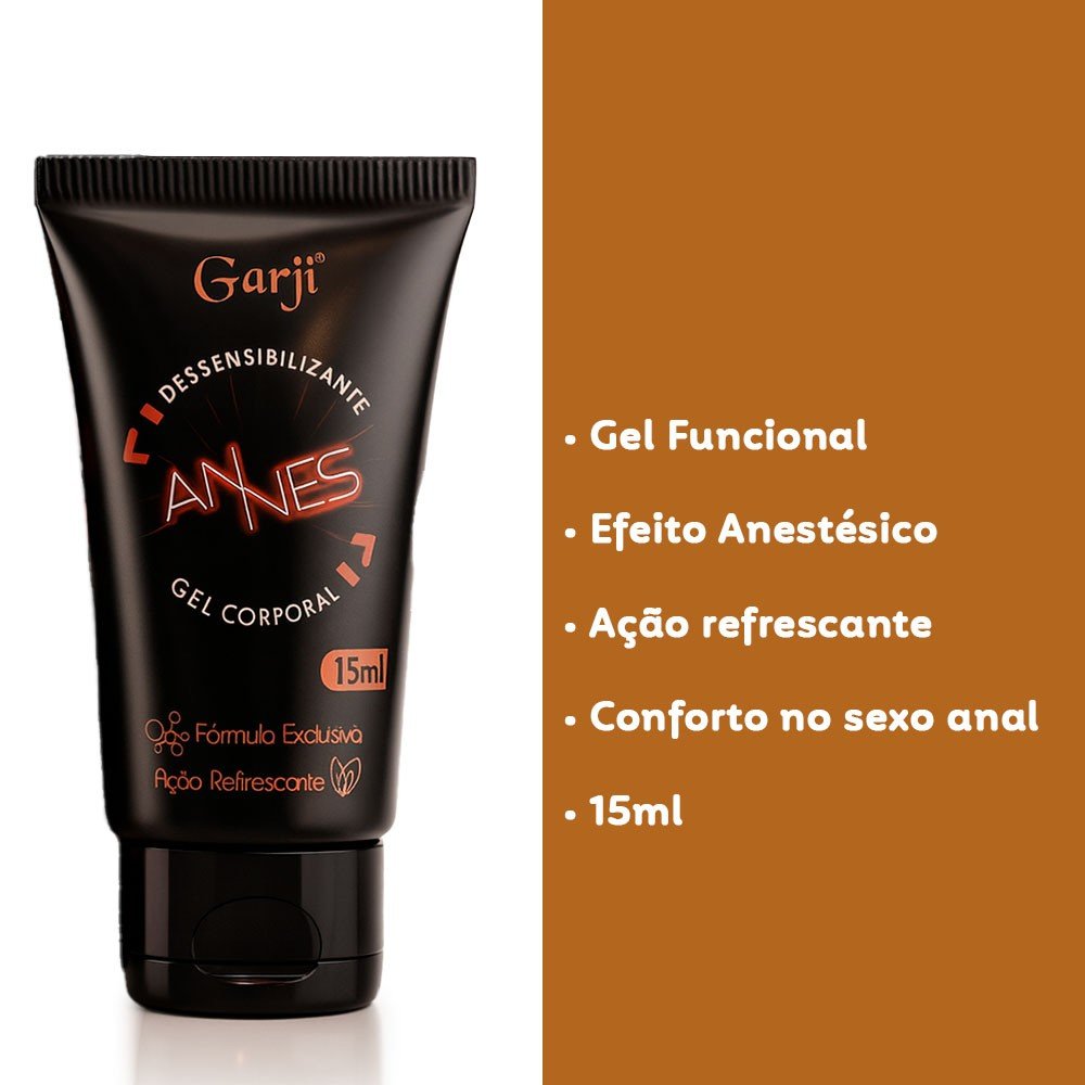 tubo de Gel dessensibilizante anal Annes Garji ao lado de uma lista de seus benef�cios, como efeito anest�sico e a��o refrescante