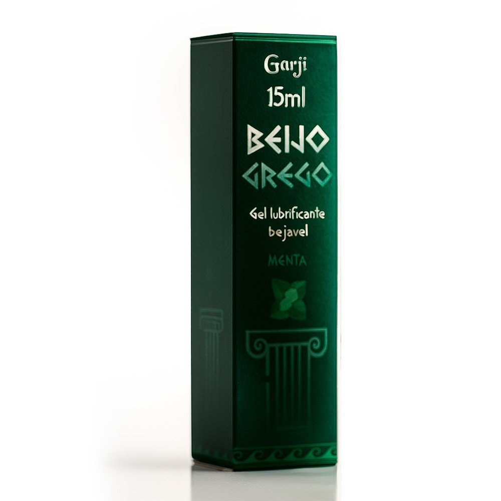 Gel Beijo Grego Beij�vel Menta 15g - Vista lateral da embalagem, mostrando detalhes da marca Garji e a cor verde escura