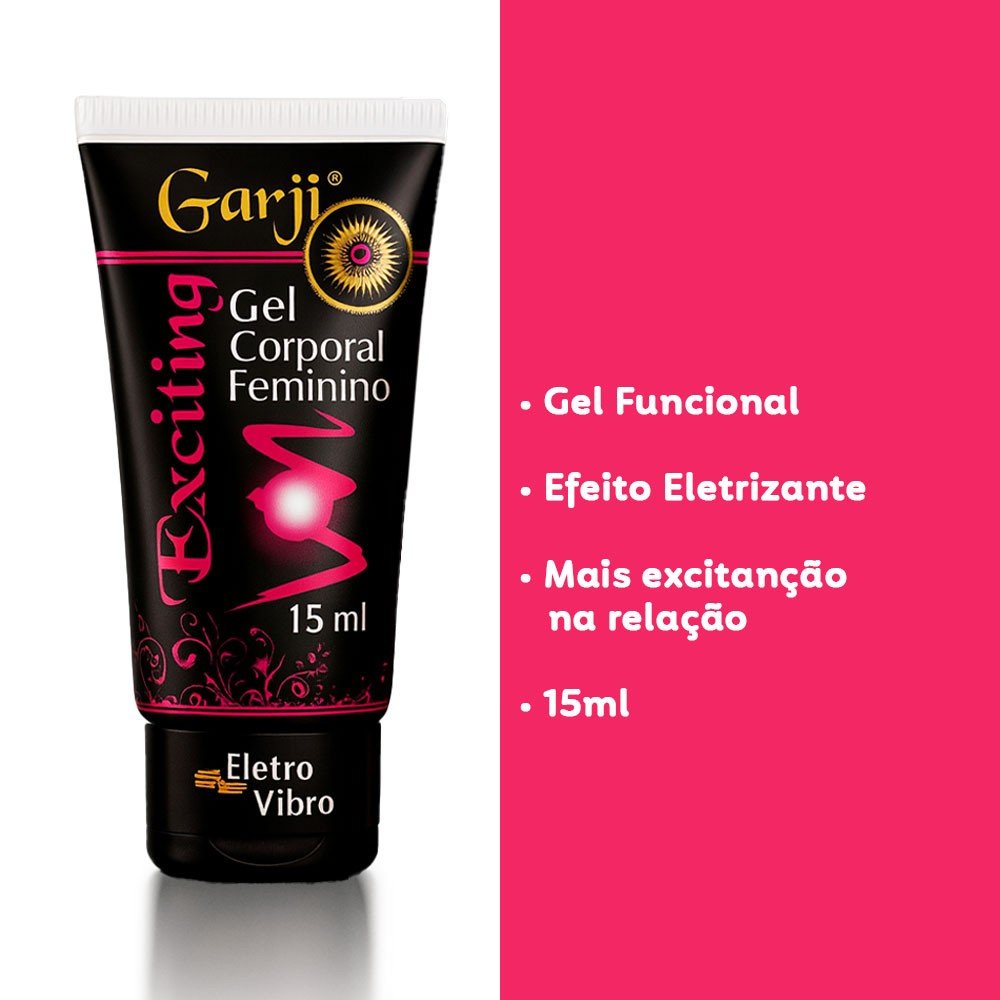 Gel Excitante Feminino Exciting Garji 15g, embalagem preta e rosa com o texto 'Gel Corporal Feminino' e 'Eletro Vibro', com uma lista de benef�cios: 'Gel Funcional', 'Efeito Eletrizante', 'Mais excita��o na rela��o', '15ml'.