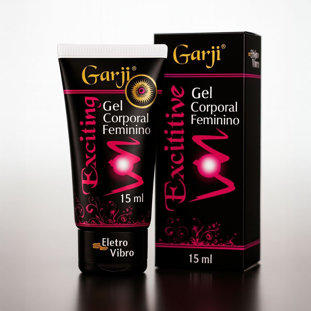 Gel Excitante Feminino Exciting Garji 15g, embalagem preta e rosa com o texto 'Gel Corporal Feminino' e 'Eletro Vibro', com a caixa ao lado, ambos exibidos em fundo branco.