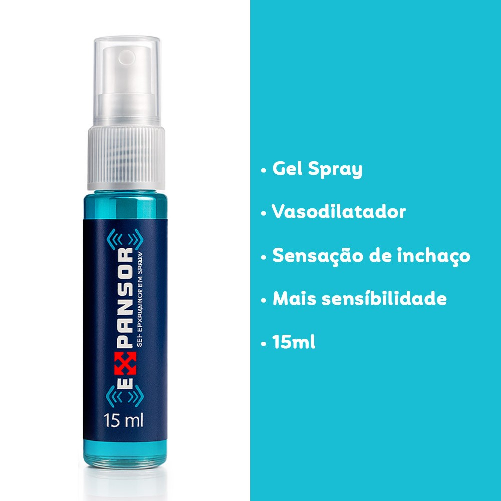 Gel Masculino Expansor Spray 15g | Frasco em spray com texto descritivo: Gel Spray, Vasodilatador, Sensa��o de incha�o, Mais sensibilidade, 15ml