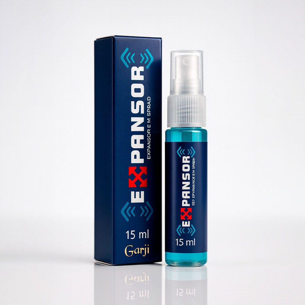 Gel Masculino Expansor Spray 15g | Embalagem azul escura com frasco spray azul claro ao lado em fundo claro