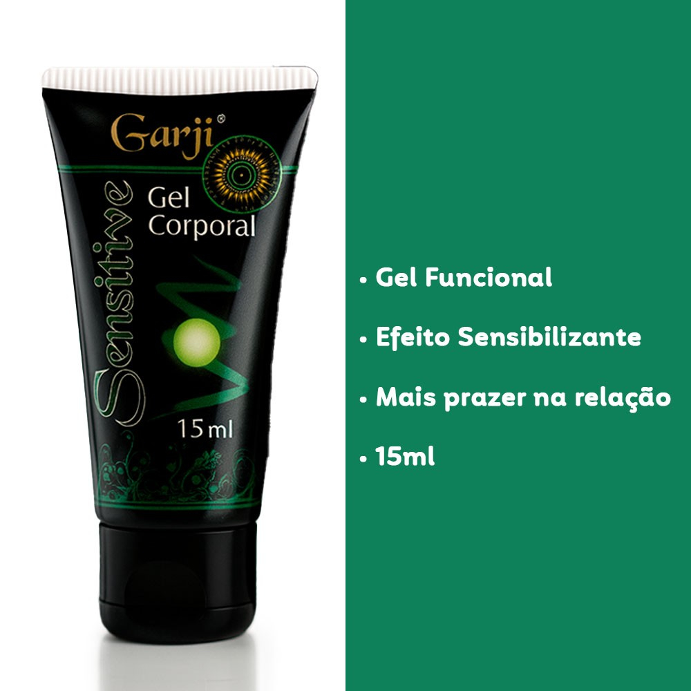 Tubo de Gel para Sexo Anal Sensitive 15g Garji com informa��es em destaque sobre ser Gel Funcional, Efeito Sensibilizante, Mais Prazer e 15ml